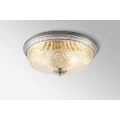 Belgravia 2 Light E27 Flush Ceiling Light, IP44, Satin Nickel Prismatic Glass