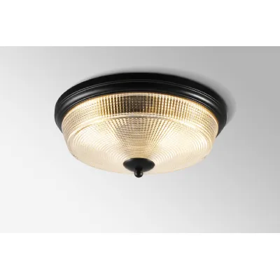 Belgravia 2 Light E27 Flush Ceiling Light, IP44, Satin Black Prismatic Glass