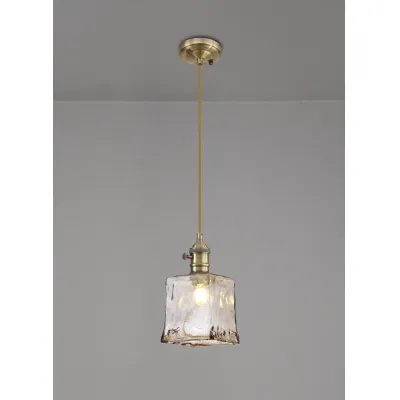 Hatfield Switched Pendant 1.5m, 1 x E27, Antique Brass Golden Brown Braided Cable Brown Square Glass