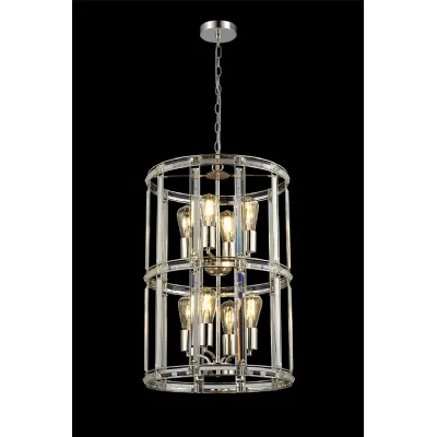 Woolwich Medium Round Column Pendant, 8 Light E27, Polished Nickel