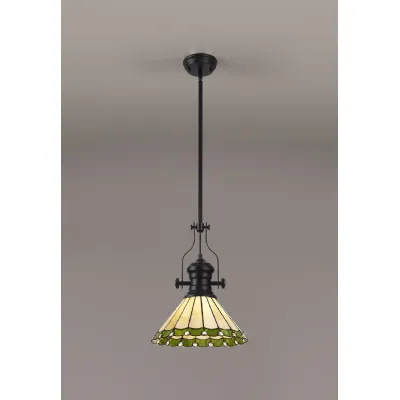 Ware 1 Light Pendant E27 With 30cm Tiffany Shade, Matt Black Green Cream Crystal