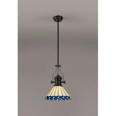Ware 1 Light Pendant E27 With 30cm Tiffany Shade, Matt Black Blue Cream Crystal