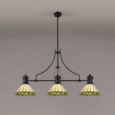 Ware 3 Light Linear Pendant E27 With 30cm Tiffany Shade, Matt Black, Green, Cream, Crystal
