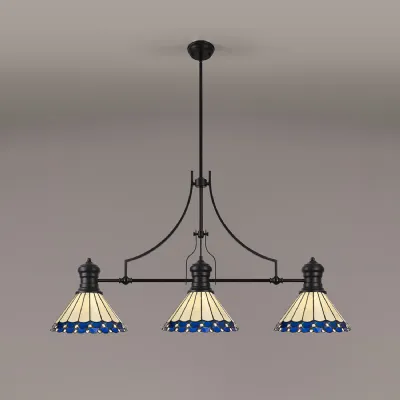 Matt Black Blue Cream 3 Light E27 Tiffany Linear Pendant