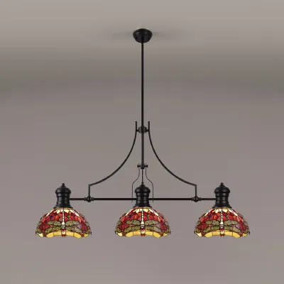 Hitchin 3 Light Linear Pendant E27 With 30cm Tiffany Shade, Matt Black, Purple, Pink, Crystal