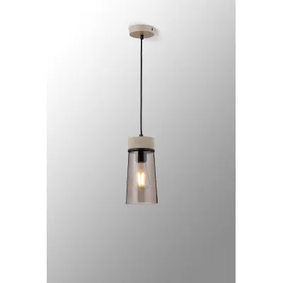 Bordon 1 Light Pendant E27, With Small Cylindrical Smoke Cone Glass, Matt Black Concrete Smoke Black Fabric
