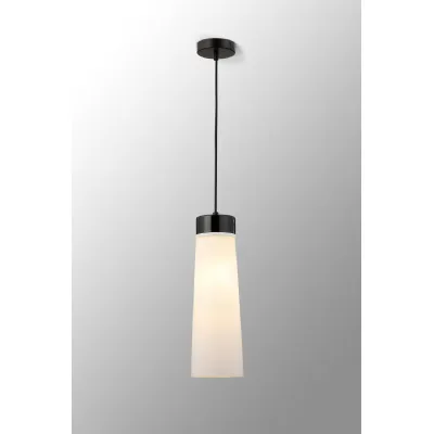 Bordon 1 Light Pendant E27, With Large Opal Cylindrical Cone Glass Black Marble Opal Black Black Fabric