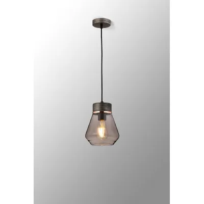 Bordon 1 Light Pendant E27, With Kite Smoke Glass Aged Pewter Smoke Black Fabric
