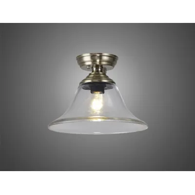 Billericay 1 Light Flush Ceiling E27 With Smooth Bell 30cm Glass Shade Antique Brass Clear