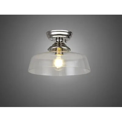 Billericay 1 Light Flush Ceiling E27 With Flat Round 30cm Glass Shade Polished Nickel Clear