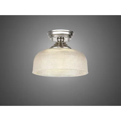 Billericay 1 Light Flush Ceiling E27 With Round 26.5cm Prismatic Effect Glass Shade Polished Nickel Clear