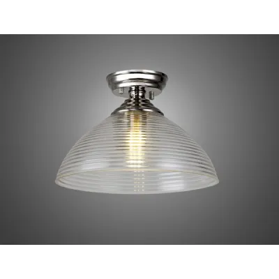 Billericay 1 Light Flush Ceiling E27 With Round 33.5cm Prismatic Effect Glass Shade Polished Nickel Clear