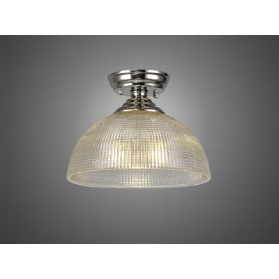 Billericay 1 Light Flush Ceiling E27 With Round 30cm Prismatic Effect Glass Shade Polished Nickel Clear