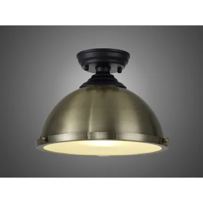 Billericay 1 Light Flush Ceiling E27 With Round 31cm Metal Shade Matt Black Antique Brass Frosted White