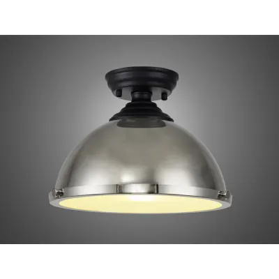 Billericay 1 Light Flush Ceiling E27 With Round 31cm Metal Shade Matt Black Polished Nickel Frosted White