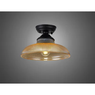 Billericay 1 Light Flush Ceiling E27 With Round 30cm Glass Shade Matt Black Amber