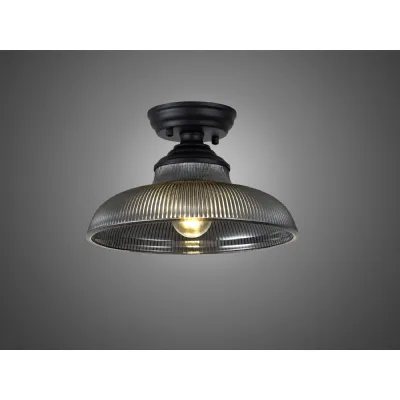 Billericay 1 Light Flush Ceiling E27 With Round 30cm Glass Shade Matt Black Smoked