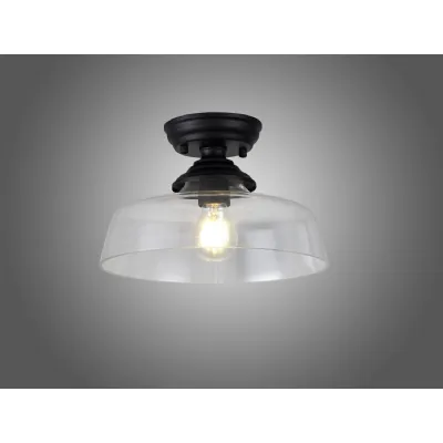 Billericay 1 Light Flush Ceiling E27 With Flat Round 30cm Glass Shade Matt Black Clear