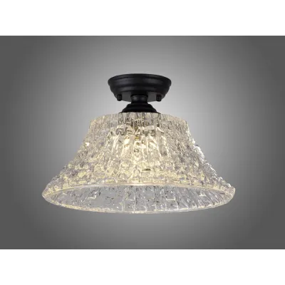 Billericay 1 Light Flush Ceiling E27 With Round 38cm Patterned Glass Shade Matt Black Clear