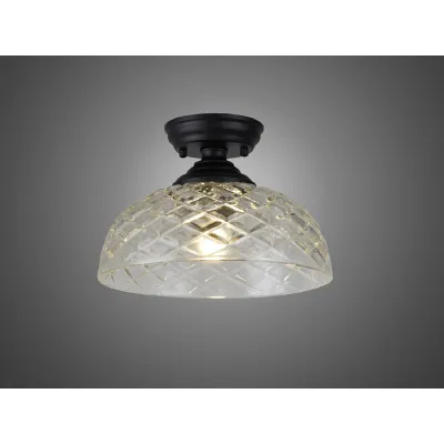 Billericay 1 Light Flush Ceiling E27 With Flat Round 30cm Patterned Glass Shade Matt Black Clear