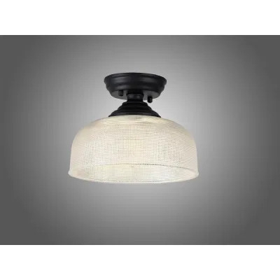 Billericay 1 Light Flush Ceiling E27 With Round 26.5cm Prismatic Effect Glass Shade Matt Black Clear