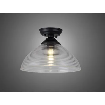 Billericay 1 Light Flush Ceiling E27 With Round 33.5cm Prismatic Effect Glass Shade Matt Black Clear