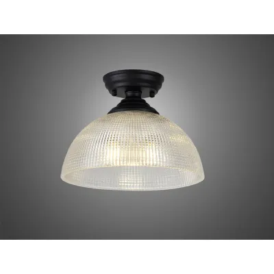 Billericay 1 Light Flush Ceiling E27 With Round 30cm Prismatic Effect Glass Shade Matt Black Clear