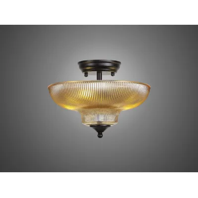 Billericay 2 Light Semi Flush Ceiling E27 With Round 30cm Glass Shade Matt Black Amber