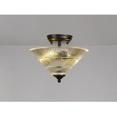 Billericay 2 Light Semi Flush Ceiling E27 With Cone 30cm Glass Shade Matt Black Clear