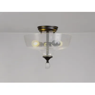 Billericay 2 Light Semi Flush Ceiling E27 With Flat Round 30cm Glass Shade Matt Black Clear