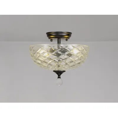 Billericay 2 Light Semi Flush Ceiling E27 With Flat Round 30cm Patterned Glass Shade Matt Black Clear