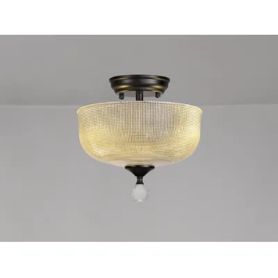 Billericay 2 Light Semi Flush Ceiling E27 With Round 26.5cm Prismatic Effect Glass Shade Matt Black Clear