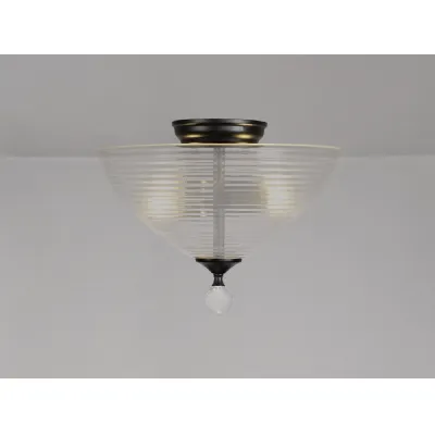 Billericay 2 Light Semi Flush Ceiling E27 With Round 33.5cm Prismatic Effect Glass Shade Matt Black Clear