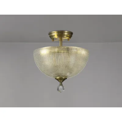 Billericay 2 Light Semi Flush Ceiling E27 With Round 30cm Prismatic Effect Glass Shade Antique Brass Clear