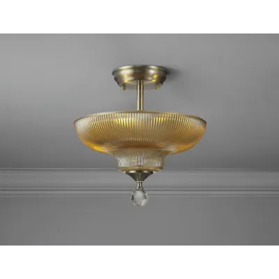 Billericay 2 Light Semi Flush Ceiling E27 With Round 30cm Glass Shade Satin Nickel Amber