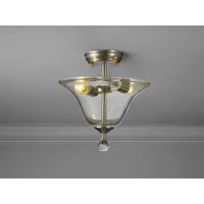 Billericay 2 Light Semi Flush Ceiling E27 With Smooth Bell 30cm Glass Shade Satin Nickel Clear