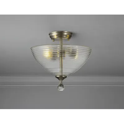Billericay 2 Light Semi Flush Ceiling E27 With Round 33.5cm Prismatic Effect Glass Shade Satin Nickel Clear