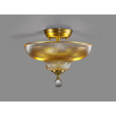 Billericay 2 Light Semi Flush Ceiling E27 With Round 30cm Glass Shade Satin Gold Amber