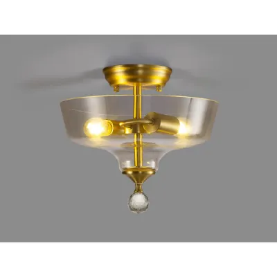 Billericay 2 Light Semi Flush Ceiling E27 With Flat Round 30cm Glass Shade Satin Gold Clear