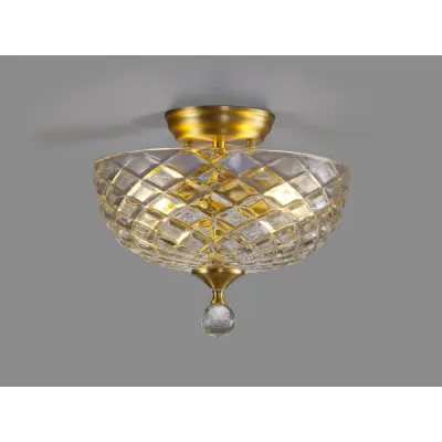 Billericay 2 Light Semi Flush Ceiling E27 With Flat Round 30cm Patterned Glass Shade Satin Gold Clear