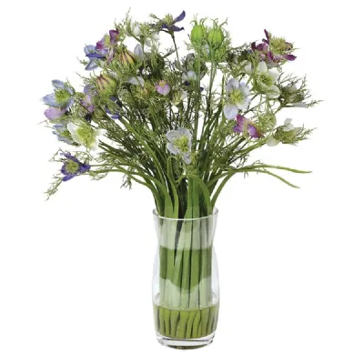 Shades Of Blue And Lavender 'Love In A Mist ' Stems Arranged In Glass Vase