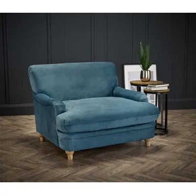 Blue Velvet Upholstered Wide Armchair with Oak Finish Legs