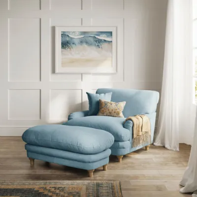 Duck Egg Blue Chenille Upholstered Lounge Armchair with Oak Legs
