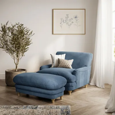 Denim Blue Chenille Upholstered Lounge Armchair with Oak Legs