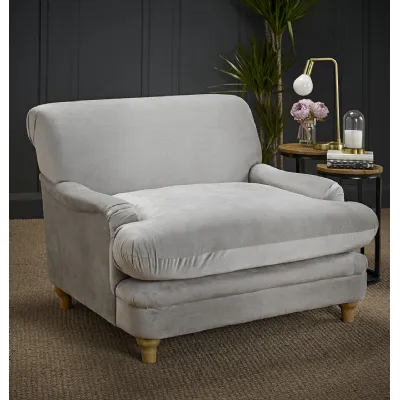 Grey Velvet Upholstered Wide Armchair with Oak Finish Legs