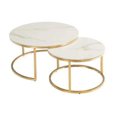 Gold Marble Effect Round Coffee Table Set Metal Frame