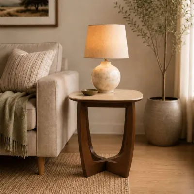 Portland Square Lamp Table Walnut Effect Natural Stone