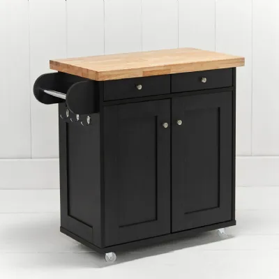 Black Wooden 2 Door 2 Drawer Portable Kitchen Island on Wheels