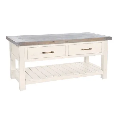 Coastal White Reclaimed Wood 2 Drawer Coffee Table with Shelf