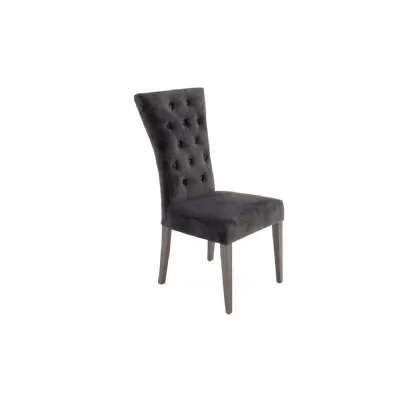 Grey Velvet Fabric Buttoned Dining Chair Dark Wood Legs